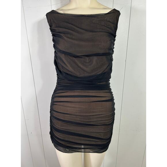 Bailey 44 Black Mesh Ruched Mini Dress in Black over Nude. Size M - Picture 1 of 7